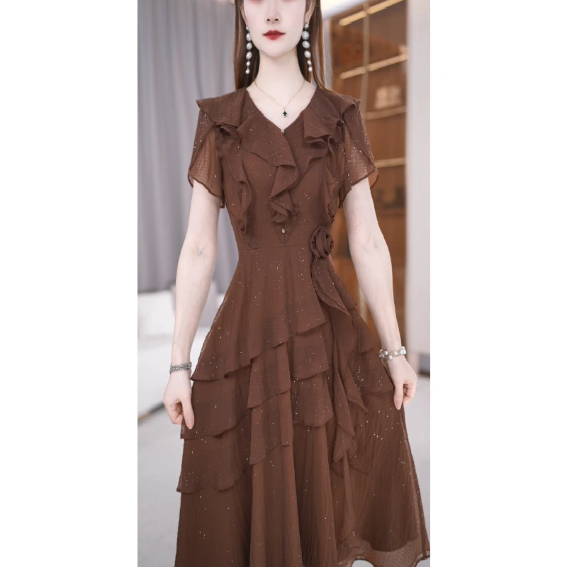 【连衣裙】夏季新款V领时尚轻奢修身气质中长款连衣裙M-4XL