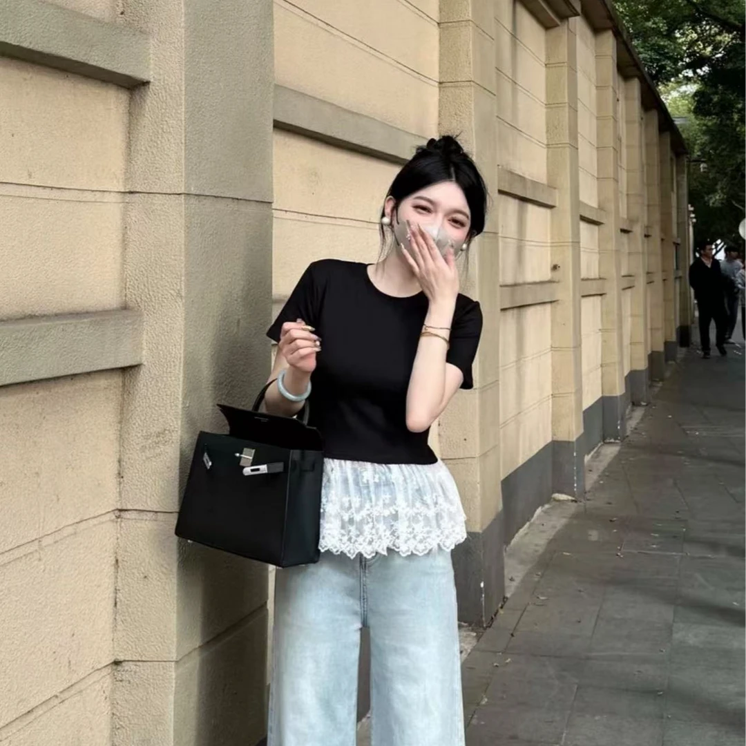 大码女装夏新款法式芭蕾风蕾丝拼接短袖T恤夏款上衣女