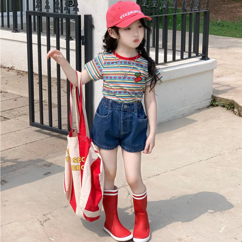 2025夏季新款女童套装韩版休闲百搭圆领撞色条纹短袖T恤牛仔短裤