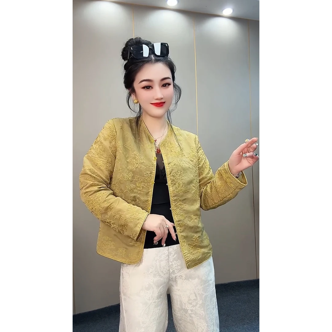 缤纷色彩-时尚休闲气质百搭短款中式ins国风圆领长袖提花防嗮外套