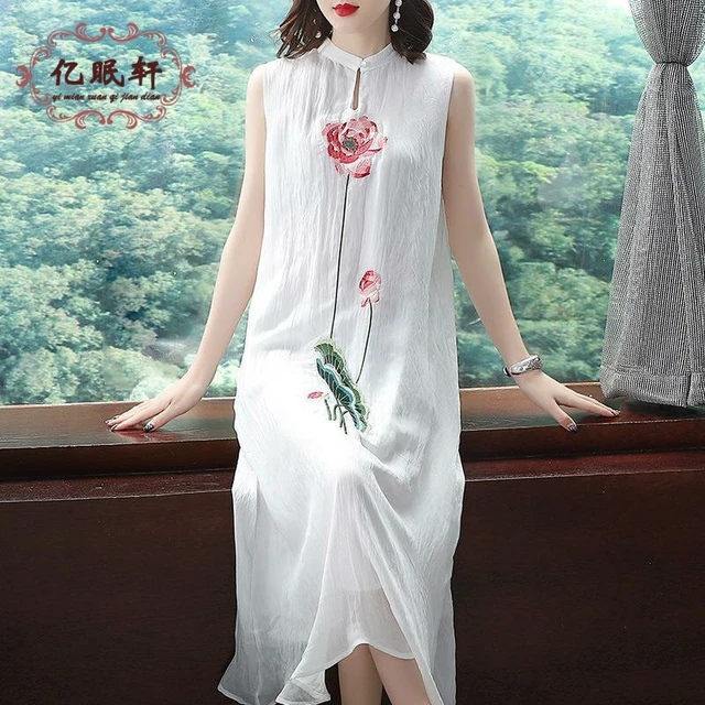 国风气质刺绣高贵阔太太旗袍式无袖背心雪纺连衣裙夏新款潮设计感