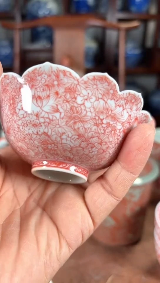 文柴窑釉里红万花杯杯