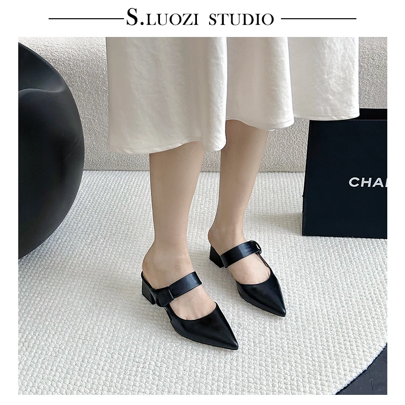 诗罗姿2025新款法式复古尖头气质一字带半拖鞋女包头中跟穆勒鞋