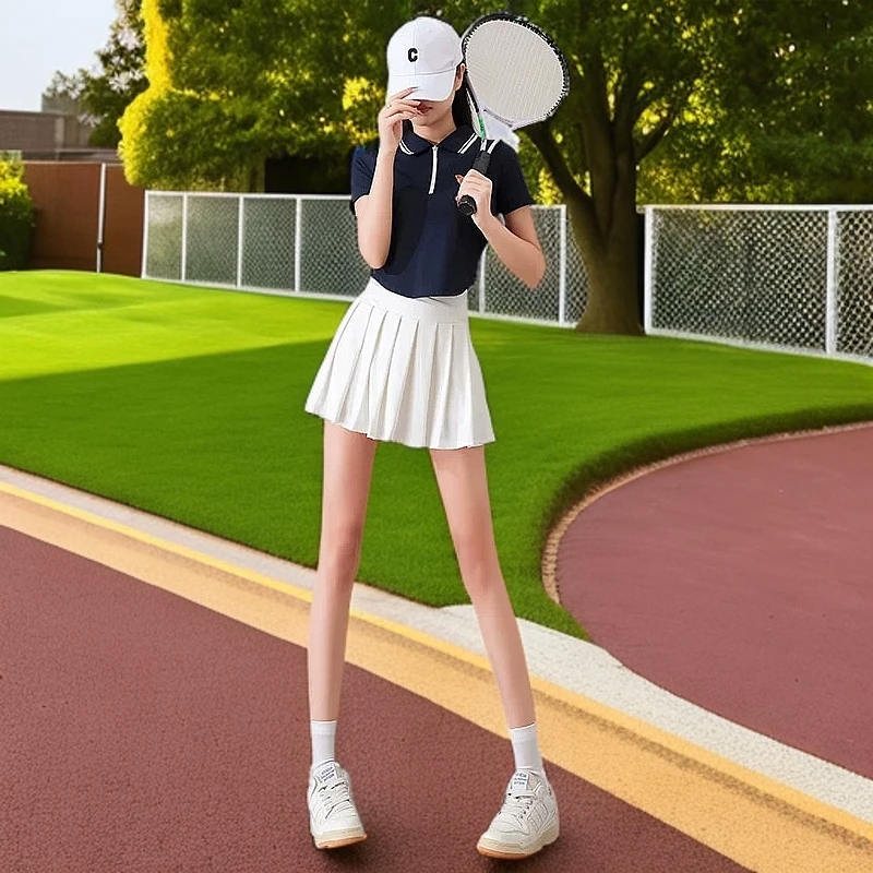 短袖夏季羽毛球服跑步专业运动套装休闲短裙polo健身衣女百褶速干