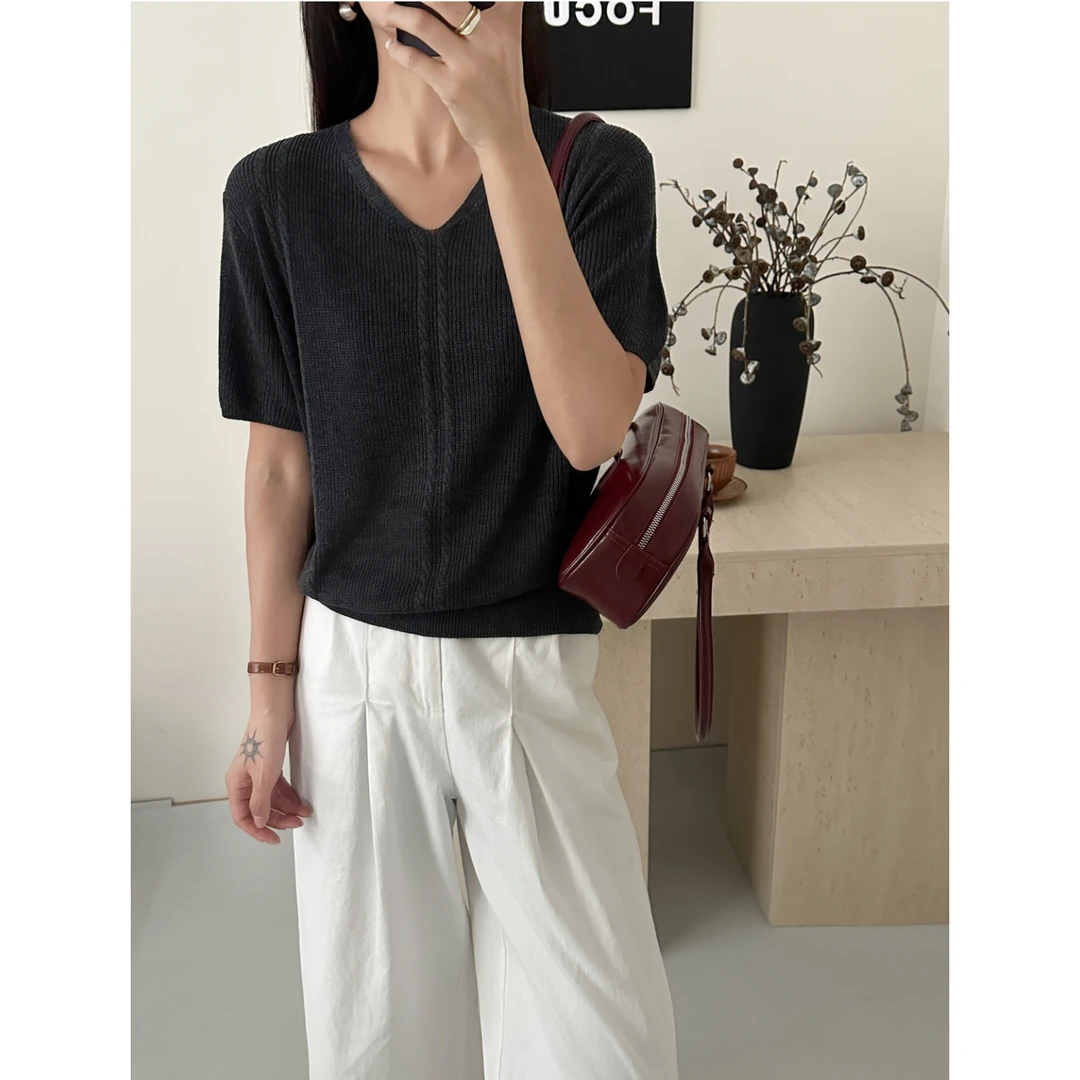 3259【软糯V领短袖针织衫】巨百搭！夏季高货女士薄款上衣