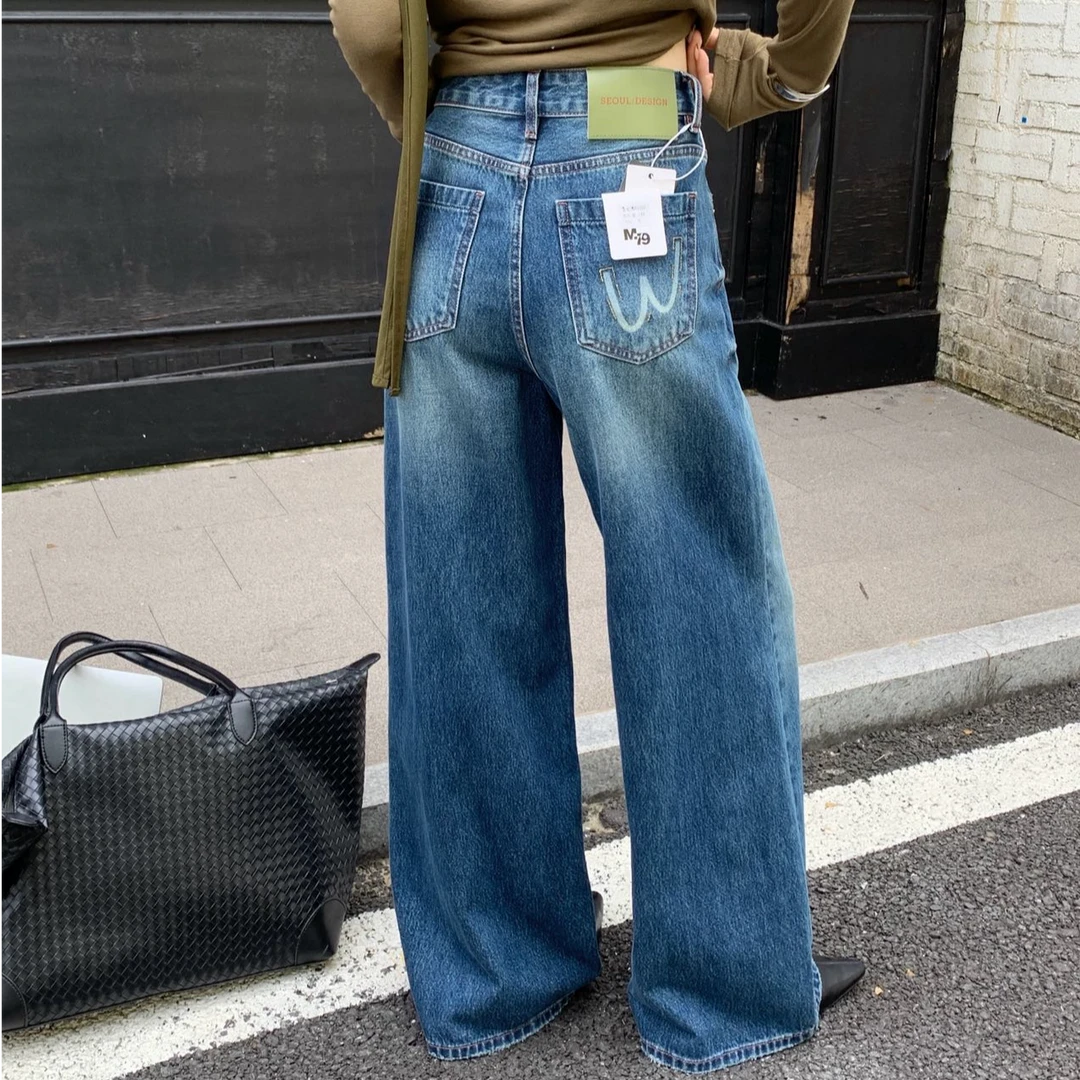 86020-秋季无弹力蓝色牛仔裤宽松阔版拖地裤时尚洋气韩版