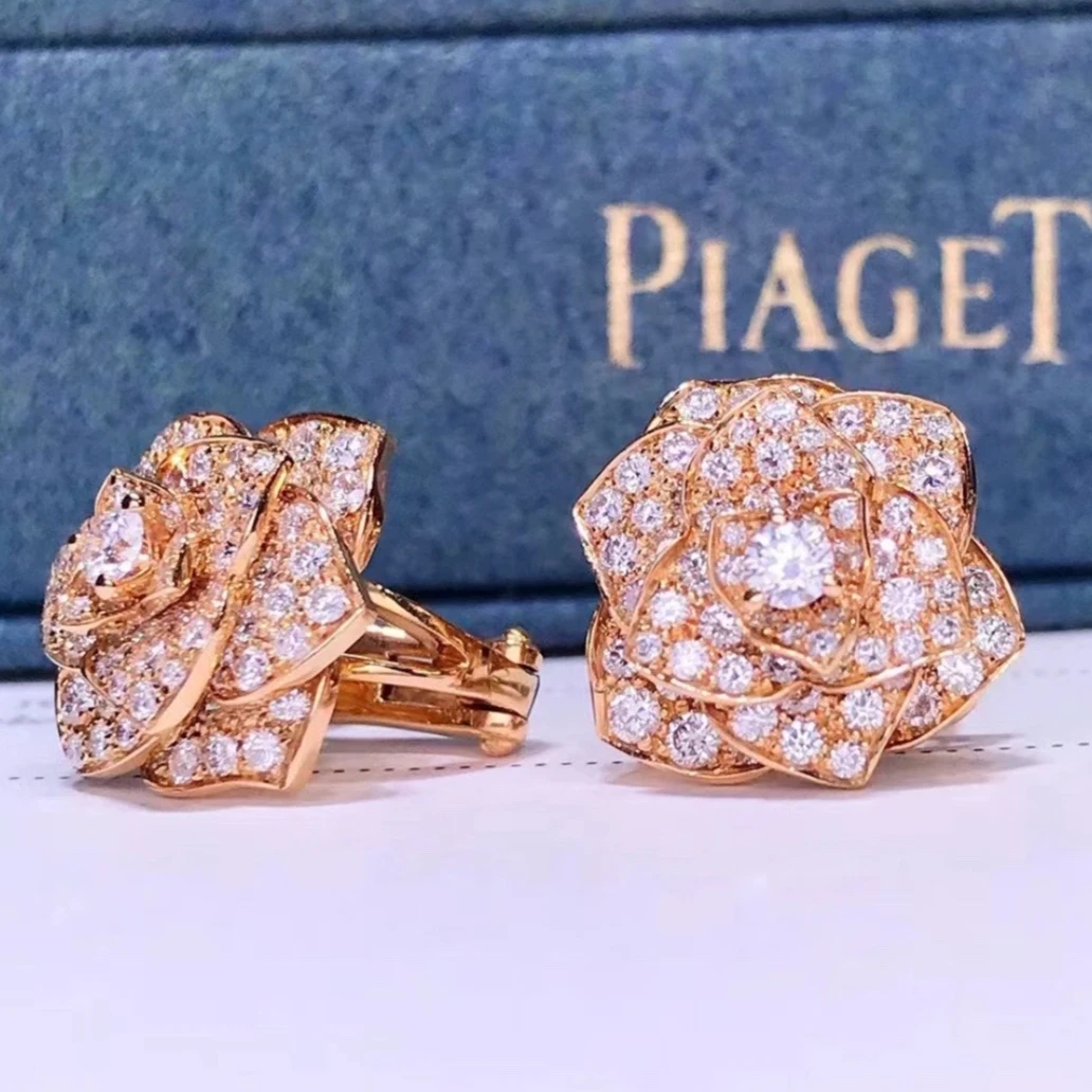 99新 Piaget/伯爵 小花6欢 伯爵 玫瑰花满钻耳钉 18k玫瑰金