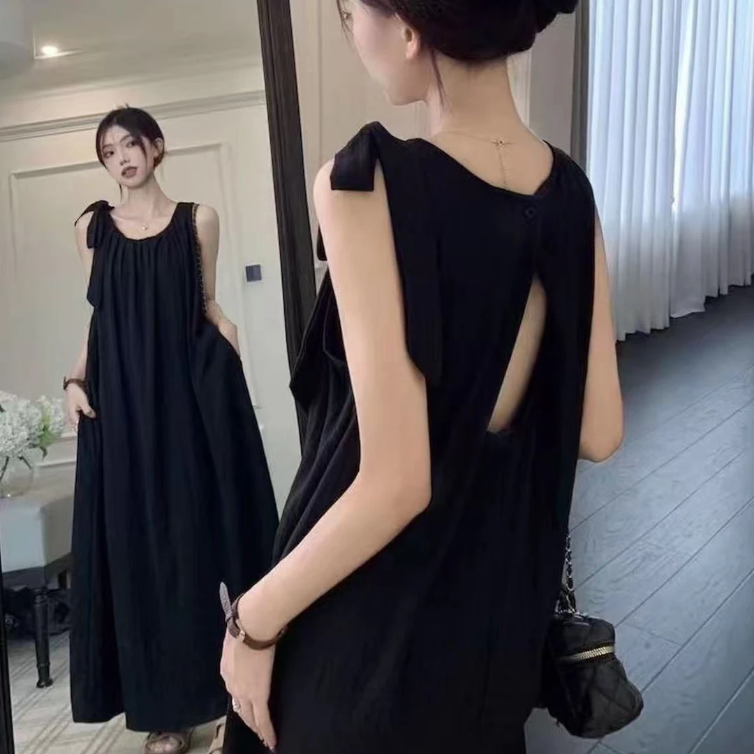 XQY-绵绸黑色后领背心连衣裙气质设计感长裙女夏新款时尚H01-2468