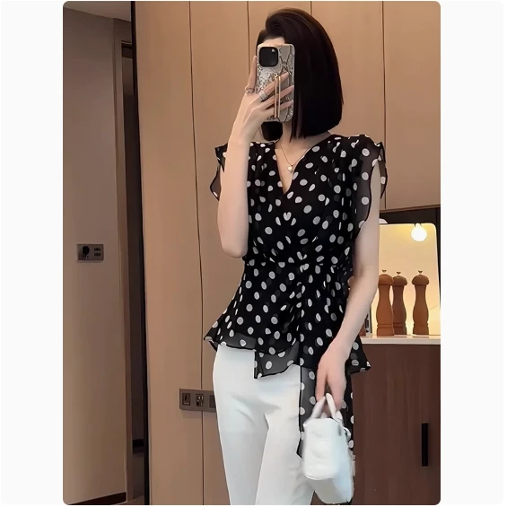 时尚优雅绝美波点v领雪纺衫女春季新款无袖网纱洋气好看百搭衬衣