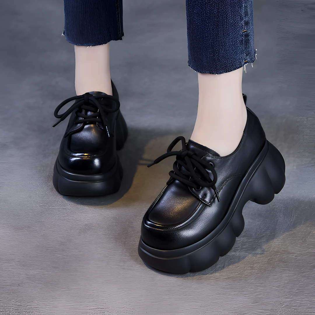 头层牛皮厚底增高乐福鞋女春季新款系带百搭显脚小休闲单鞋女