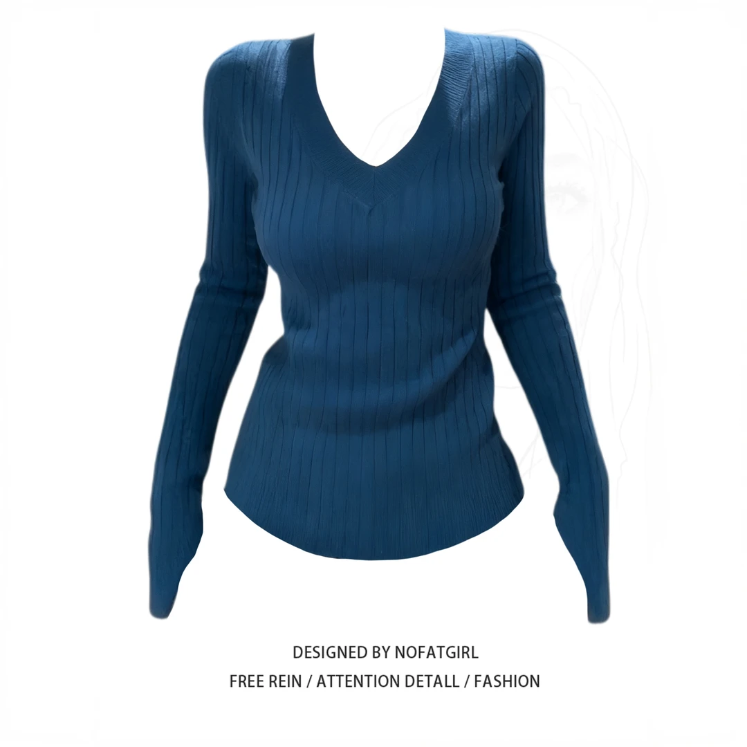 大码胖MM高级感V领坑条针织衫女秋季长袖修身显瘦百搭打底衫上衣