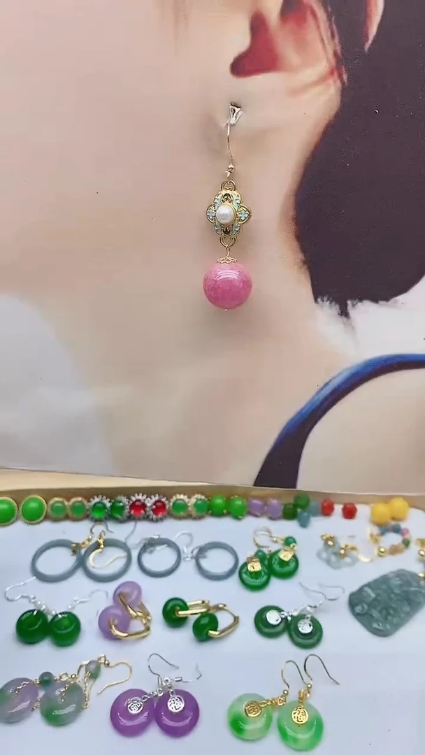 未镶嵌菱锰矿（红纹石）耳饰55