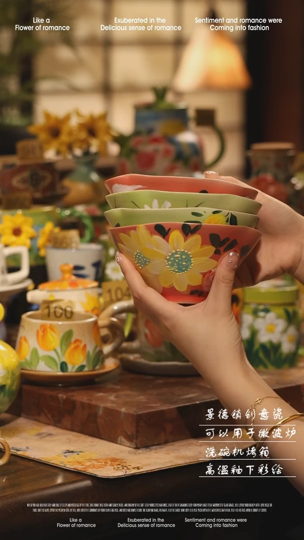 陶瓷四件套景德镇高温手绘釉下彩设计师款式