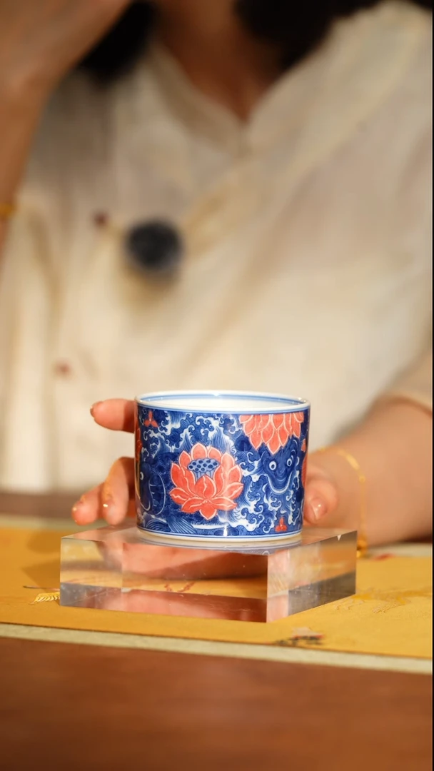 预售十五天先发茶巾MS沐茗古韵莲年有鱼大号直口杯