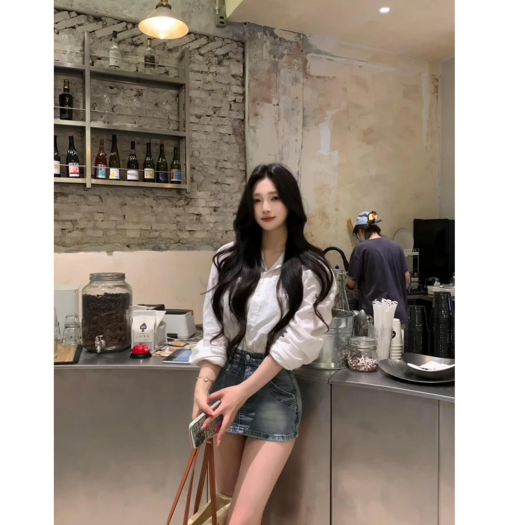 纯欲老钱松弛感主打清爽亚麻白色衬衫水洗牛仔裤裙两件套装