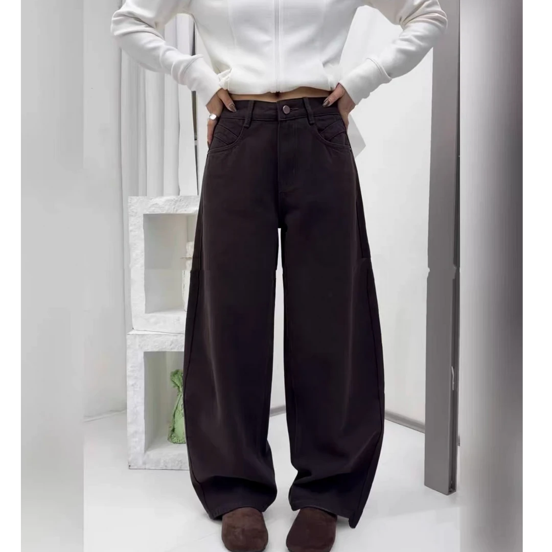 SU【692】花67  愫燕 冬季高腰咖色加绒显瘦宽松弯刀长裤