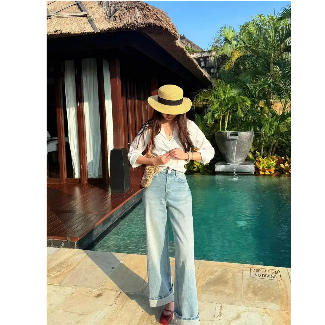 【棱角】2025新款高腰显腿长显瘦时尚直筒复古长款牛仔裤蓝色百搭