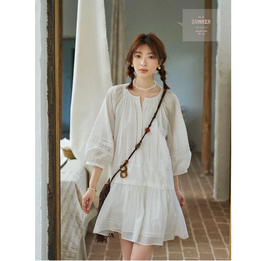 「白描工作间」"琅勃拉邦苔"100支长绒棉小个子宽松白色连衣裙女