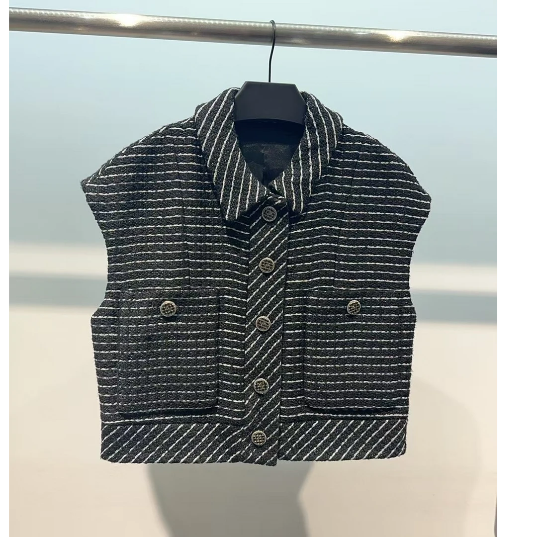 小香风黑白条纹短款马甲0100