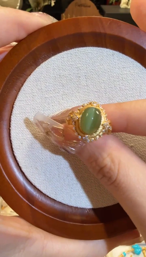 银S925镶嵌戒指和田玉碧玉猫眼戒指