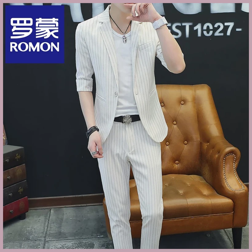 罗蒙夏季新款男士小西装修身条纹七分袖韩版学生冰丝两件套潮流
