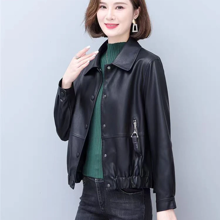 2025春秋冬外套女士时尚皮衣休闲宽松方领洋气春季复古港风