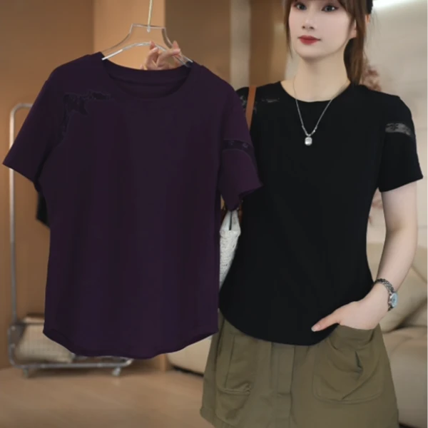 SHUOBAI/说白 235# 精致蕾丝减龄遮肉 修身显瘦 短袖T恤