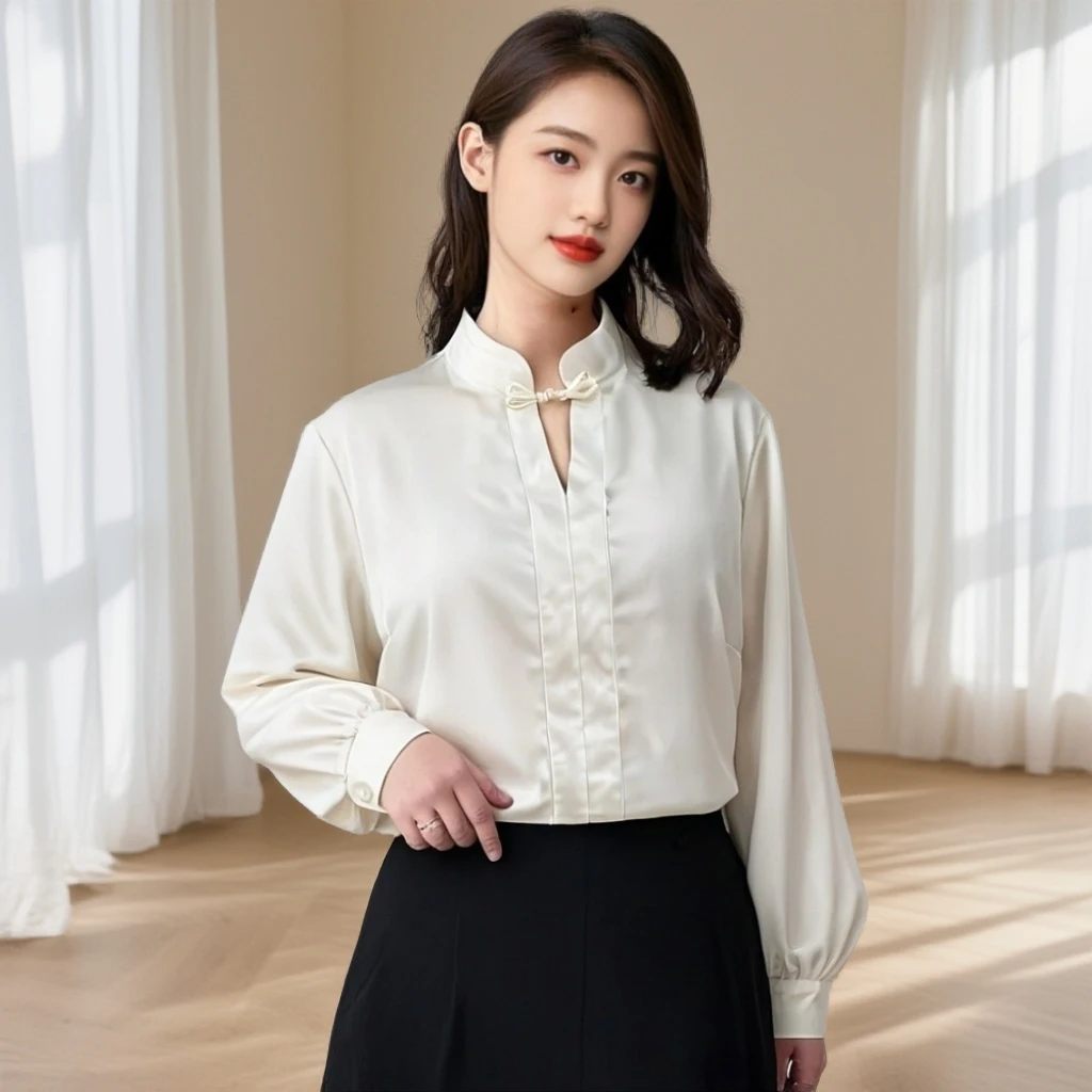 【白露】新中式立领长袖提花不褪色新中式衬衫纯色