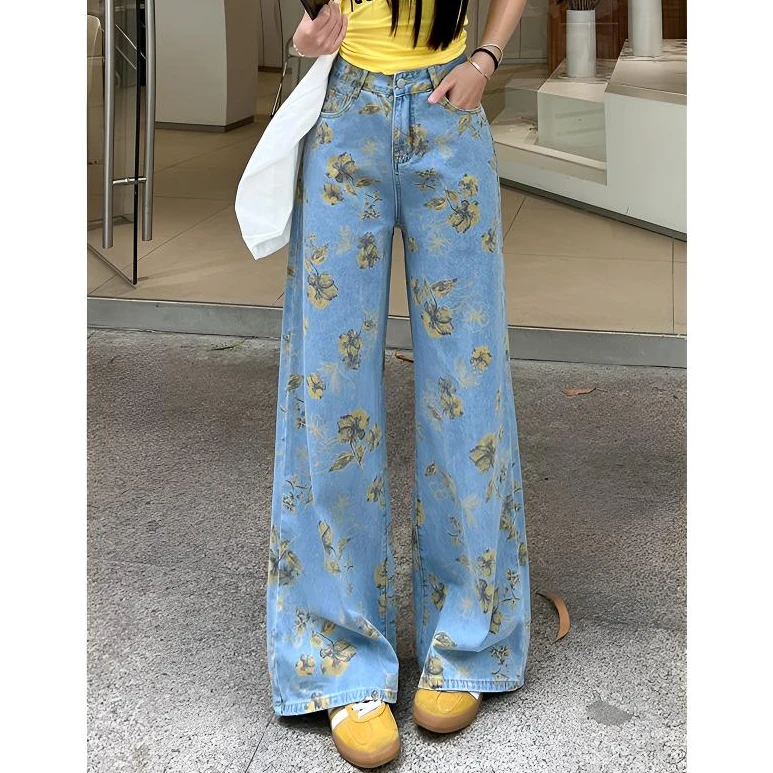 美式复古印花阔腿牛仔裤女2025新款高个子高腰直筒宽松垂感拖地裤