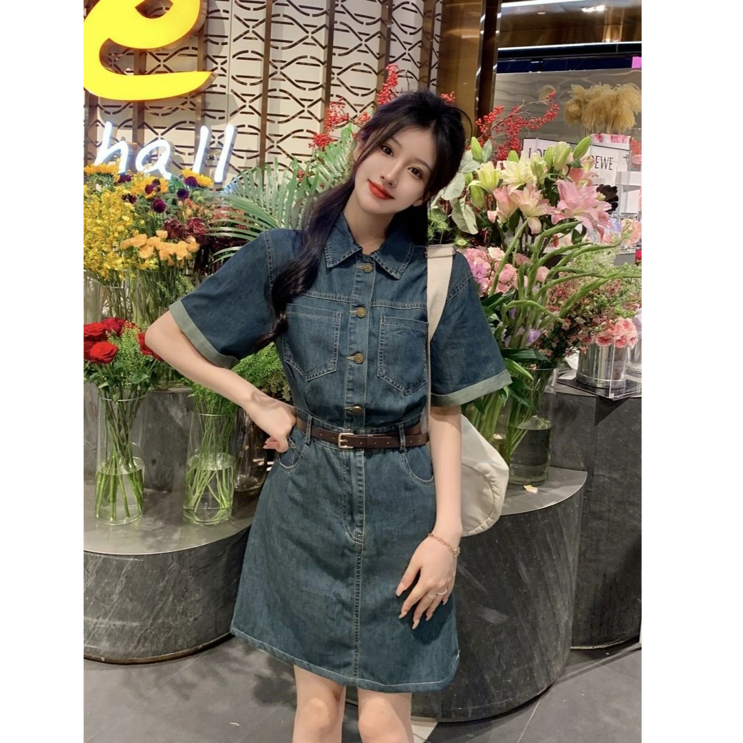 港风复古牛仔连衣裙夏季2025年新款收腰显瘦chic裙子a字裙中长裙