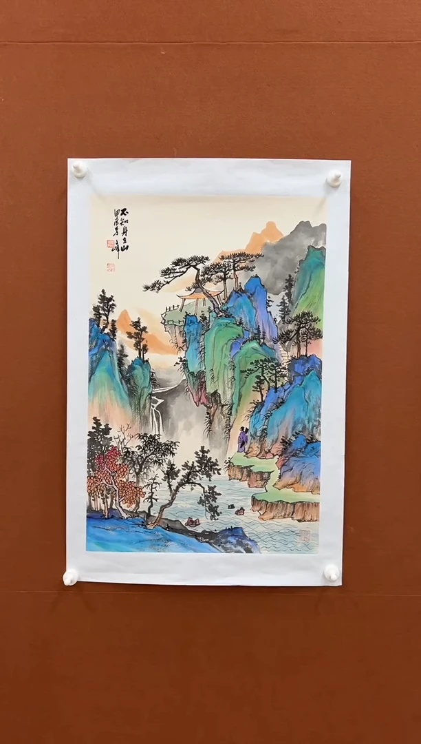 国画李文峰四尺三开重彩青绿