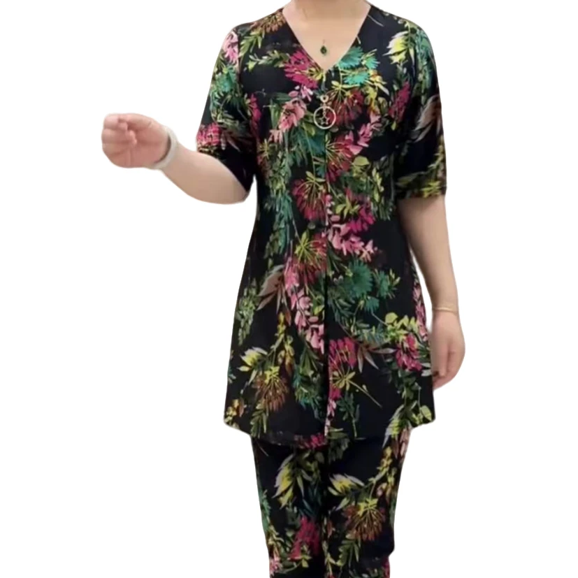 时尚新款洋气休闲彩花中老年女士套装【上衣+裤子】