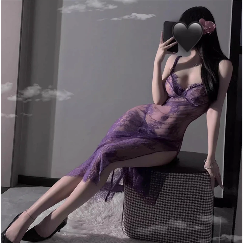 紫色吊带睡衣女套装性感蕾丝诱惑开叉长裙战袍