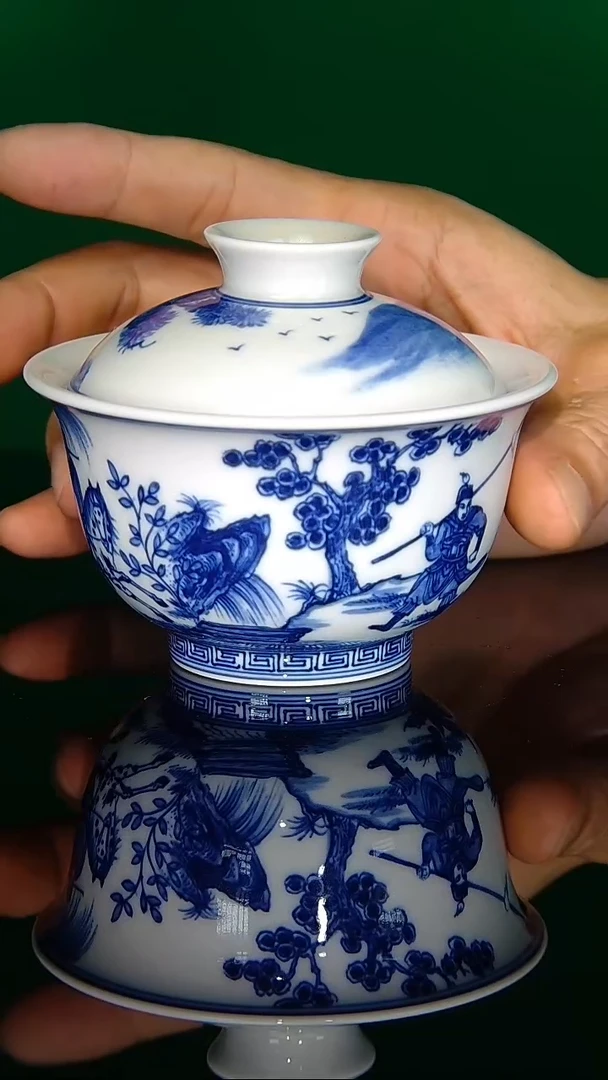 毛仔柴窑青花鬼谷下山盖碗