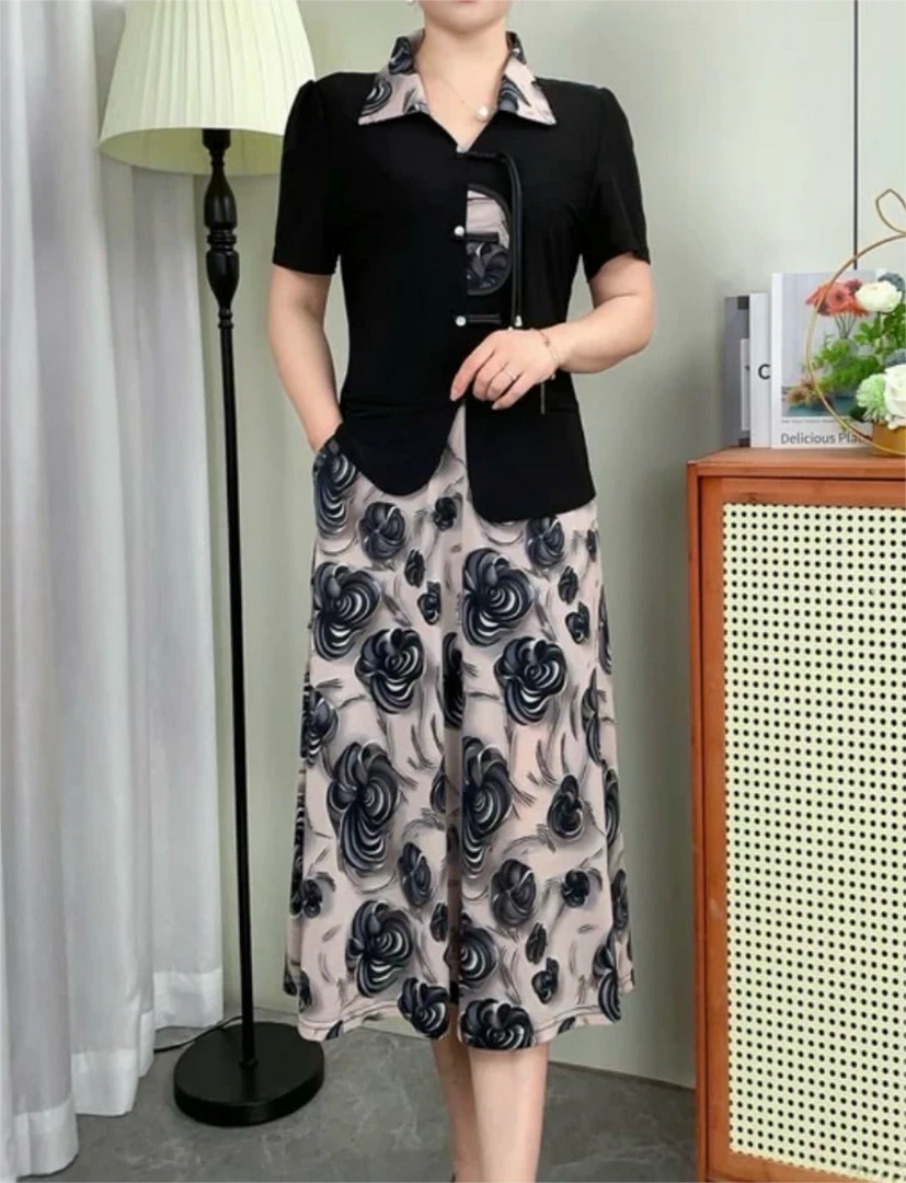 (大码有口袋)夏季时尚新中式洋气气质显瘦假两件妈妈女装母亲洋气