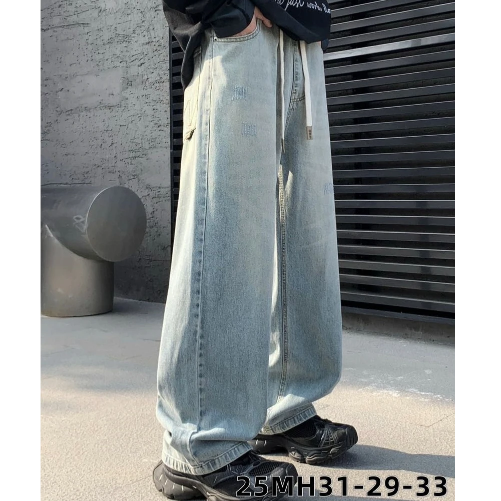 Q019青少年美式嘻哈阔腿牛仔裤休闲夏季中腰宽松净版阔腿裤