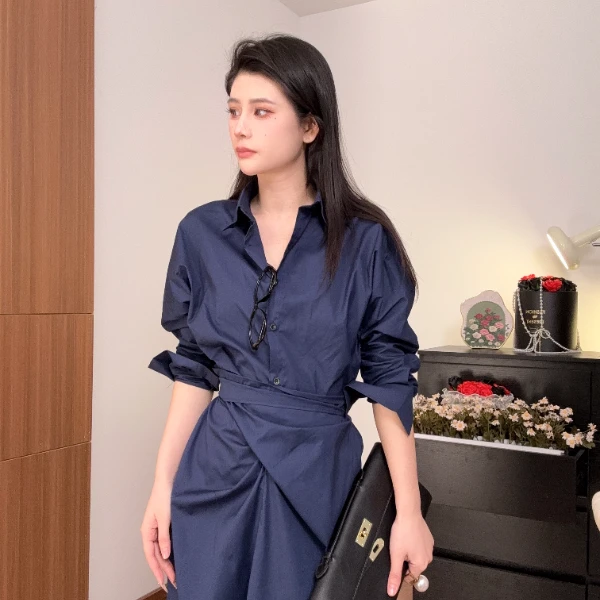 【天姐家】翻领单排扣设计高腰开叉中长款衬衫连衣裙LTTYN48849