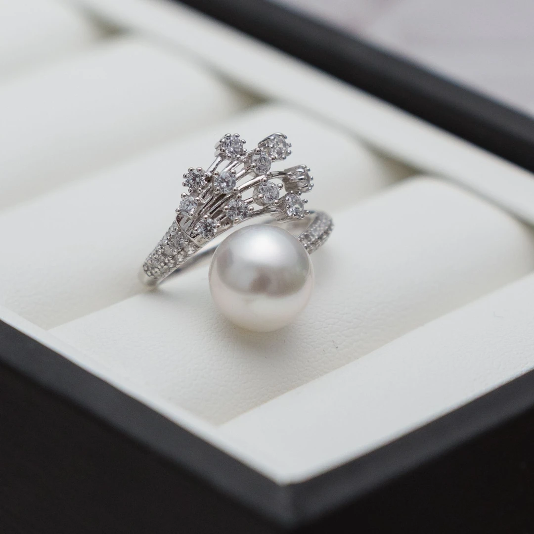 天然海水珍珠花团锦簇澳白戒指 10-11mm 珍珠戒指澳白 s925银