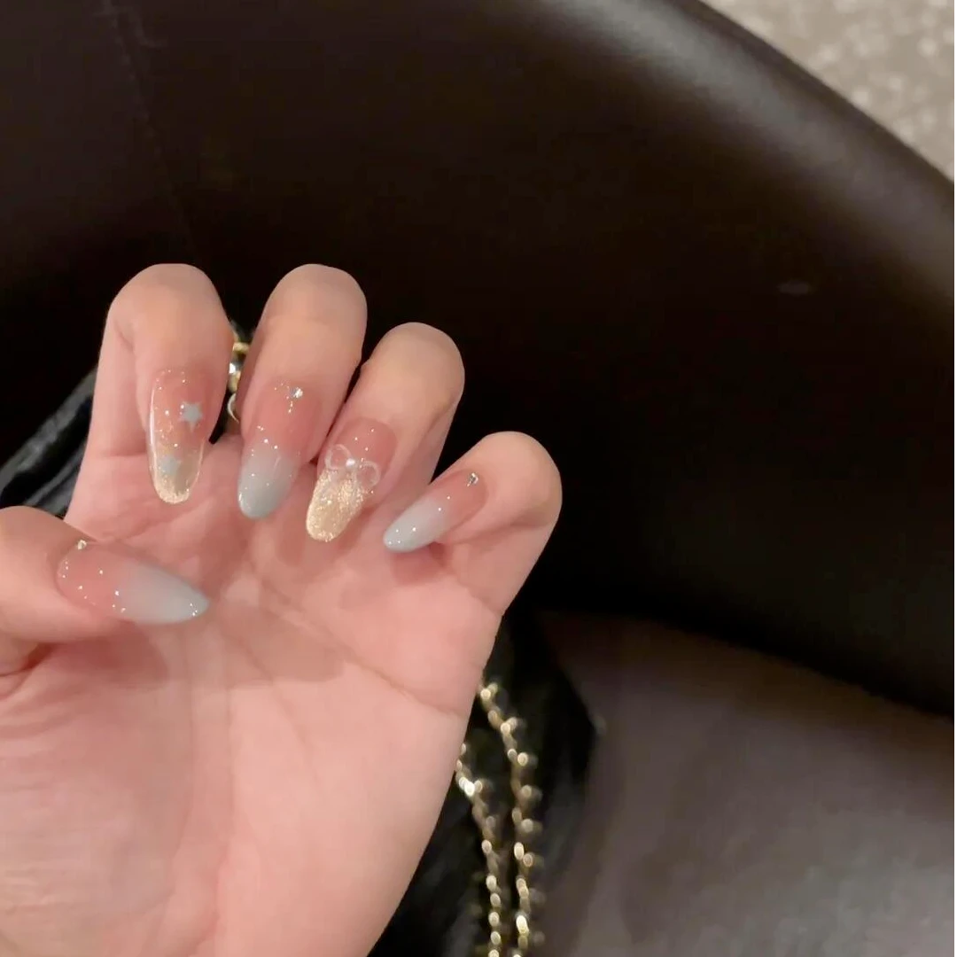 Nice SoSo【海盐冰淇淋】纯手工穿戴甲纯欲猫眼渐变碎钻珍珠蝴蝶结