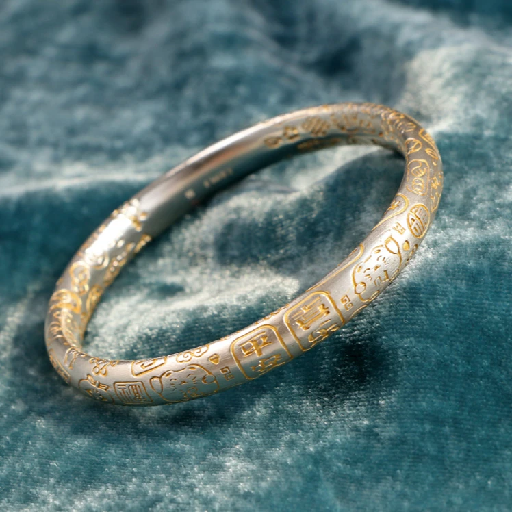 足银手镯 招财猫吉言手镯足银9999描金闭口手环平安喜乐百搭女款