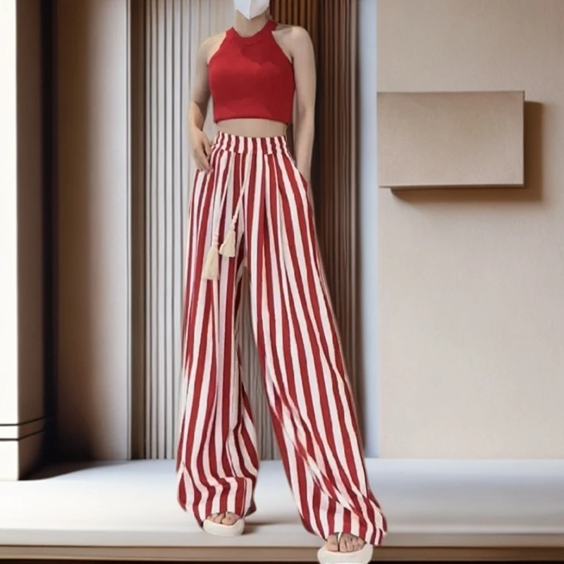 【雅岚女装】时尚洋气显瘦夏季新款高级感条纹宽松显瘦直筒裤休闲
