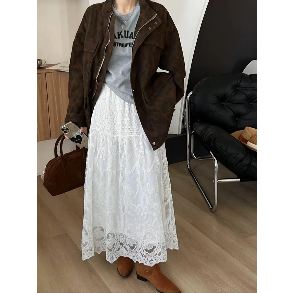 【二个裙长】简约蕾丝刺绣半身裙女2025秋季新款高腰减龄a字中长裙