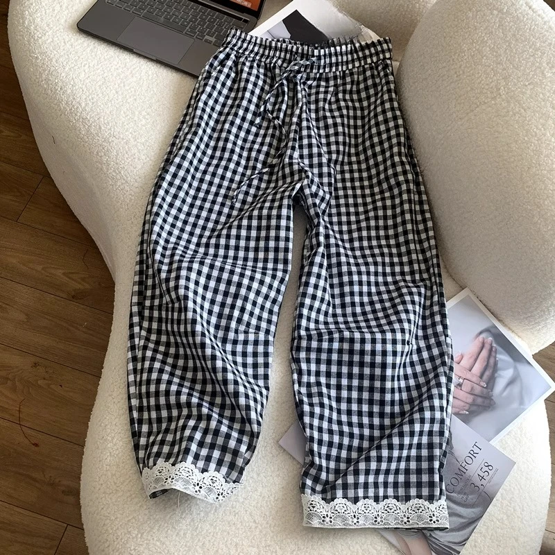 黑白格子九分裤休闲女阔腿香蕉裤松紧腰蕾丝花边薄2025夏季小个子