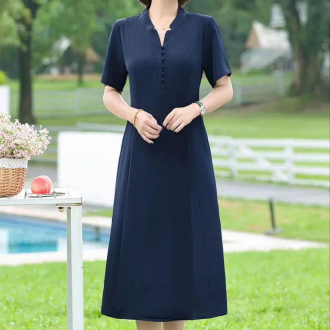 2025夏新款时尚女中长款短袖A字连衣裙高档洋气复古拼接口袋裙子