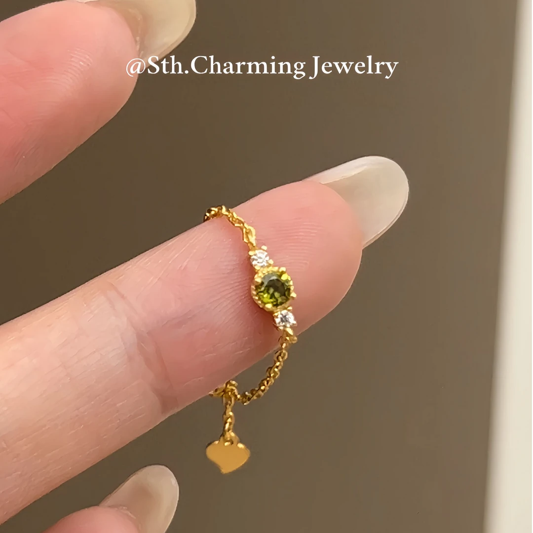 925银锆石戒指 小茉莉金橄榄链条戒指S925银可调节不掉色小众简约