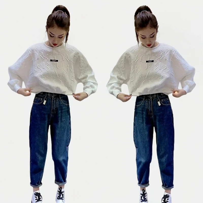 2025春秋新款宽松时尚百搭减龄卫衣高腰牛仔裤休闲女装两件套显瘦