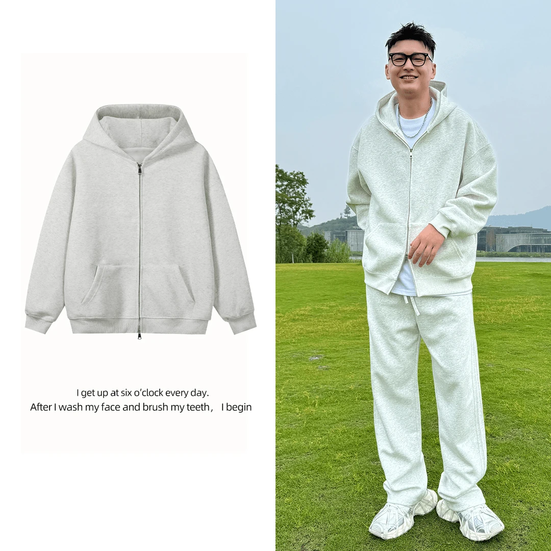 白花灰色连帽卫衣男春秋新款双拉链设计短款开衫外套运动休闲套装