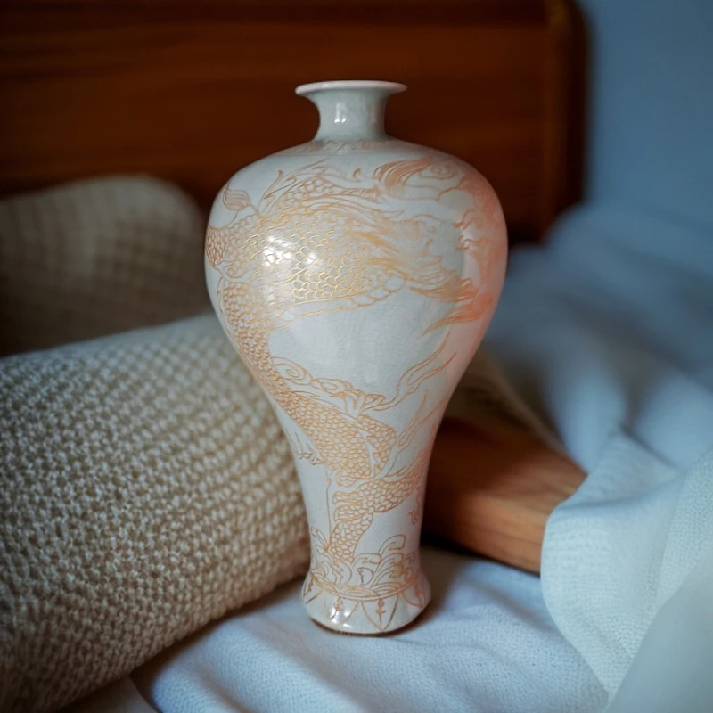 汝窑梅瓶，纯手工雕刻描金工艺，汝瓷首发，仅此一件