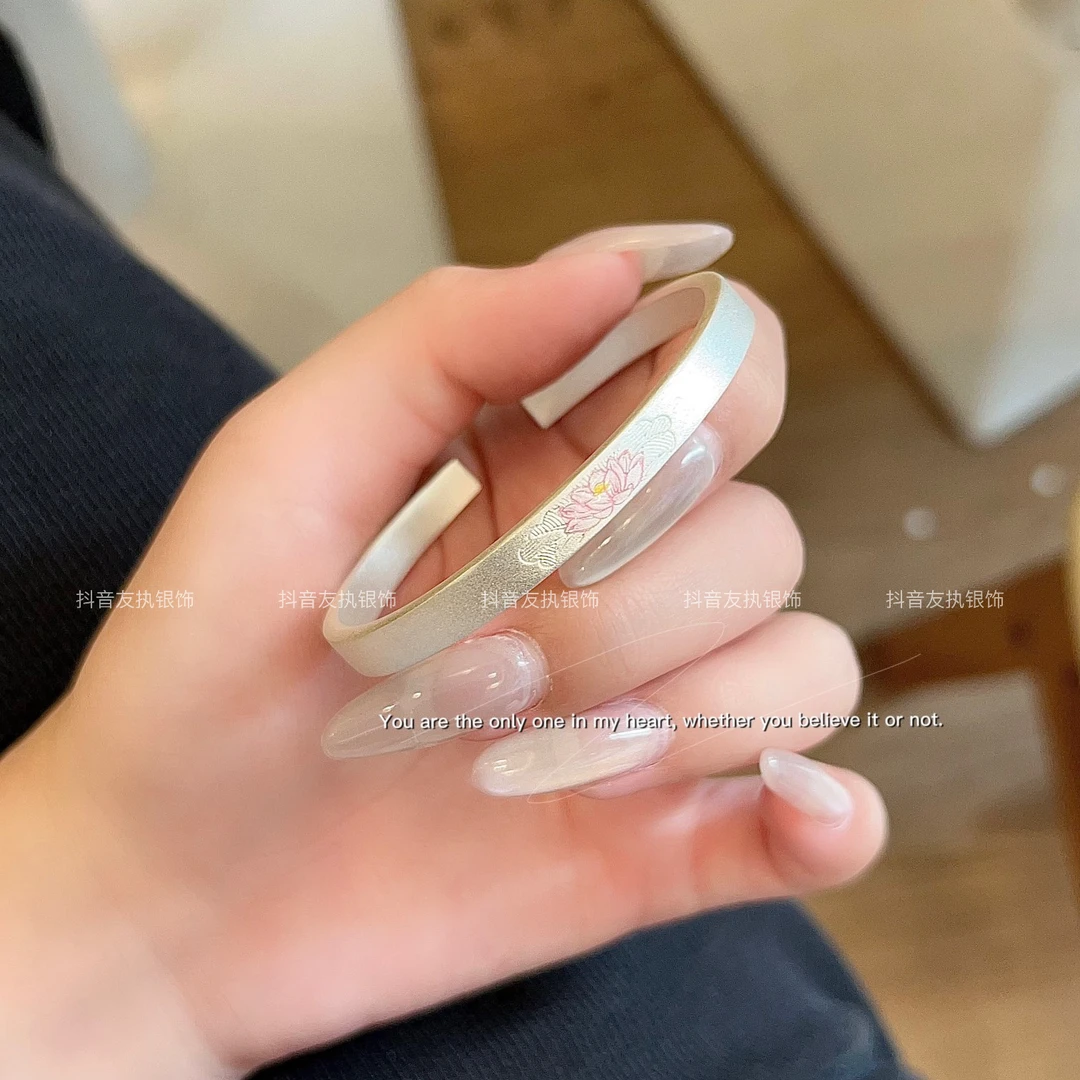 友执 足银手镯 足银999.9古法珐琅粉莲花开口镯