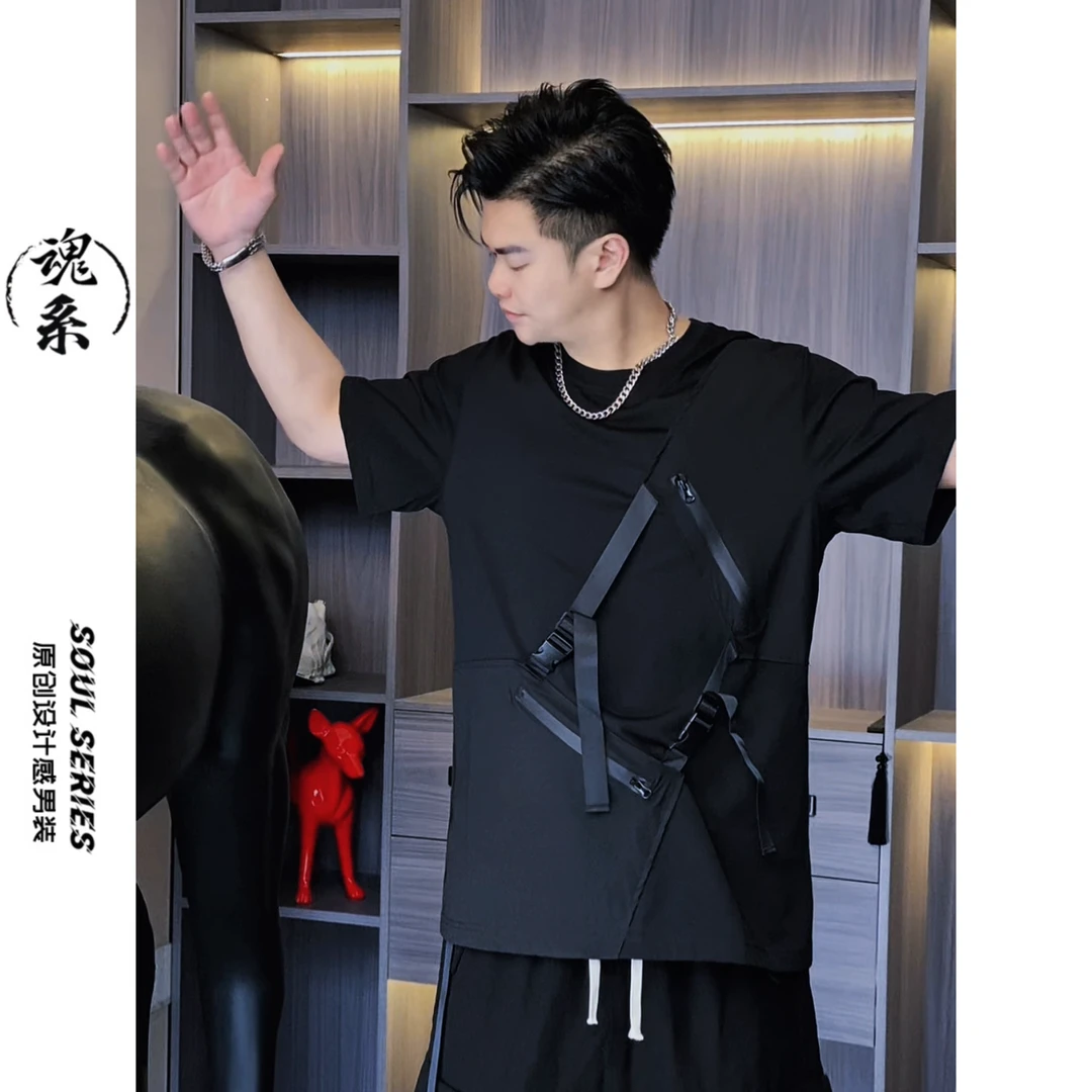 [魂系]夏新款男士织带洋气短袖T恤夏季休闲黑色时尚设计感-上衣